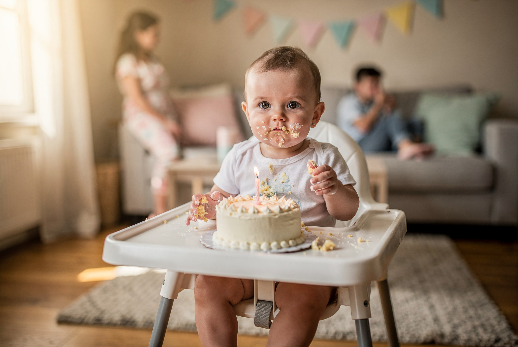 Bébé d'un an assis dans sa chaise haute devant son gâteau d'anniversaire à une bougie